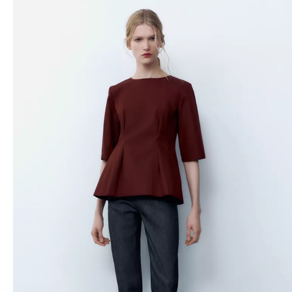 NWT Zara Structured Peplum Top in Deep Burgundy